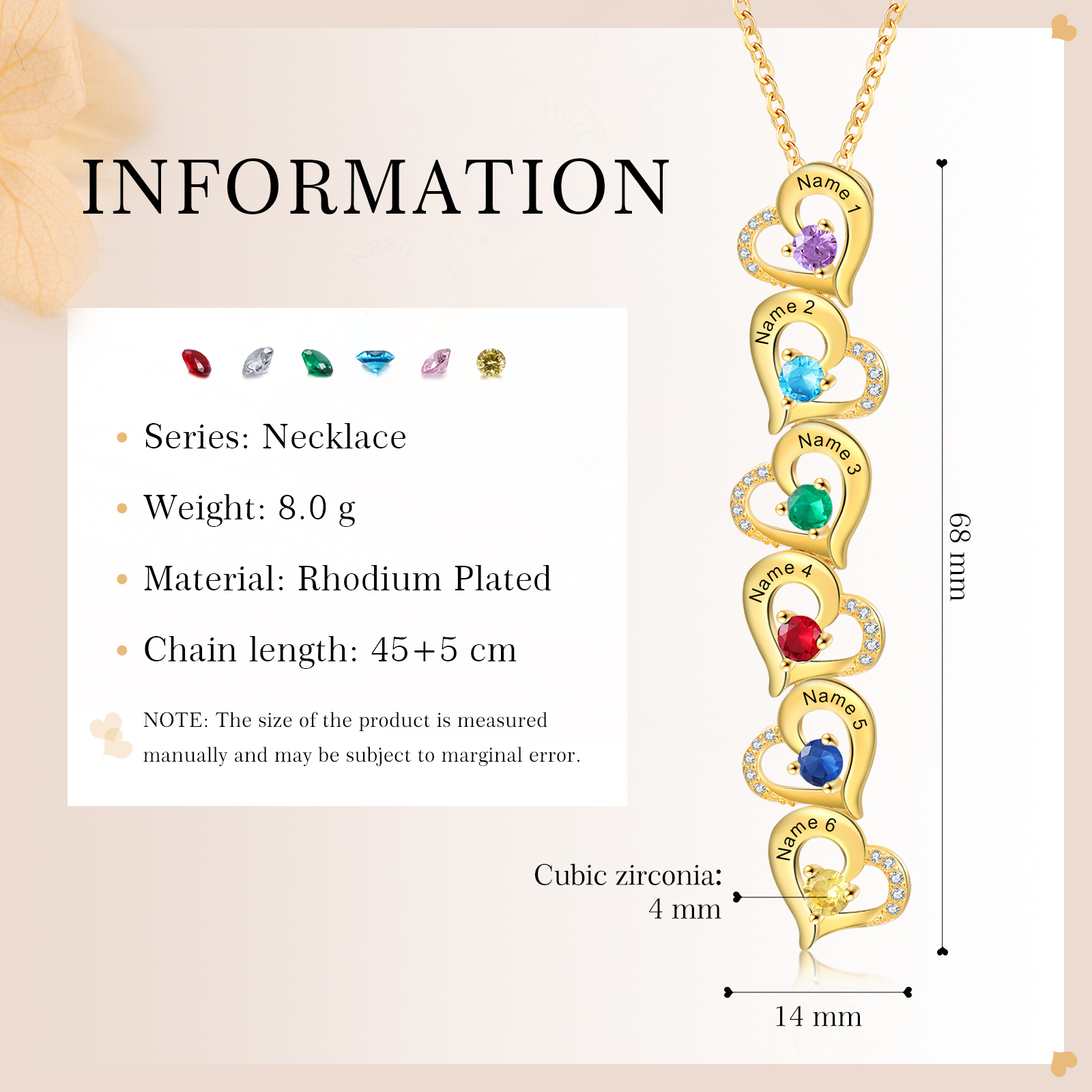 6 Names - Personalized Heart Necklace Custom Birthstone and Name Necklace Gifts for Her