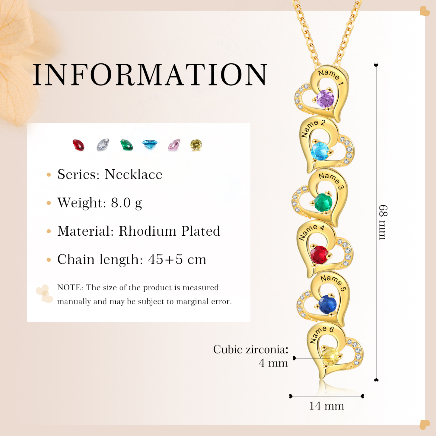 6 Names - Personalized Heart Necklace Custom Birthstone and Name Necklace Gifts for Her