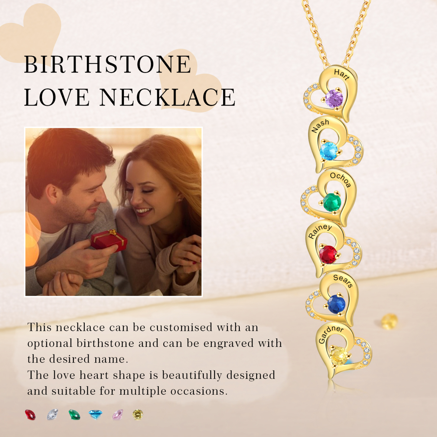 6 Names - Personalized Heart Necklace Custom Birthstone and Name Necklace Gifts for Her