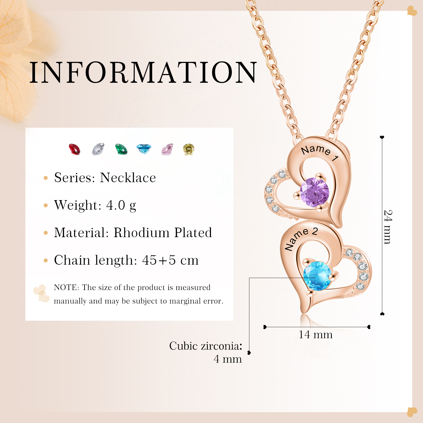 2 Names - Personalized Heart Necklace Custom Birthstone and Name Necklace Gifts for Her