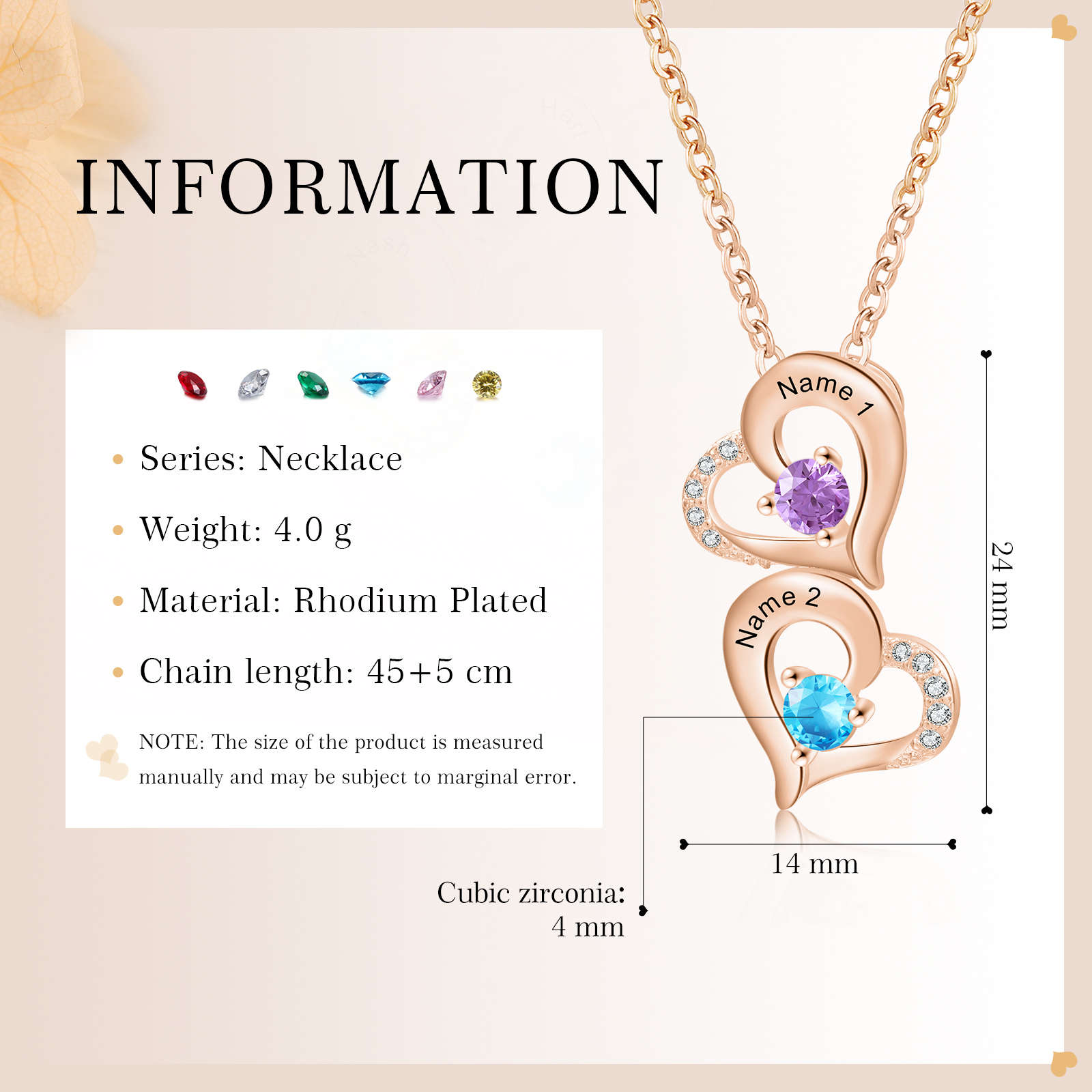 2 Names - Personalized Heart Necklace Custom Birthstone and Name Necklace Gifts for Her