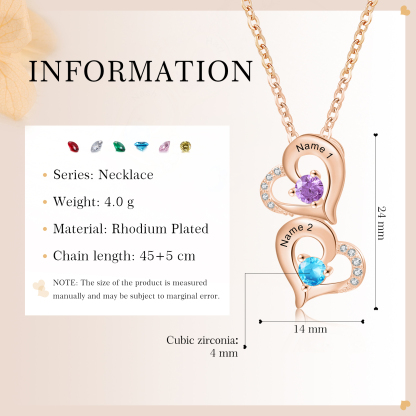2 Names - Personalized Heart Necklace Custom Birthstone and Name Necklace Gifts for Her