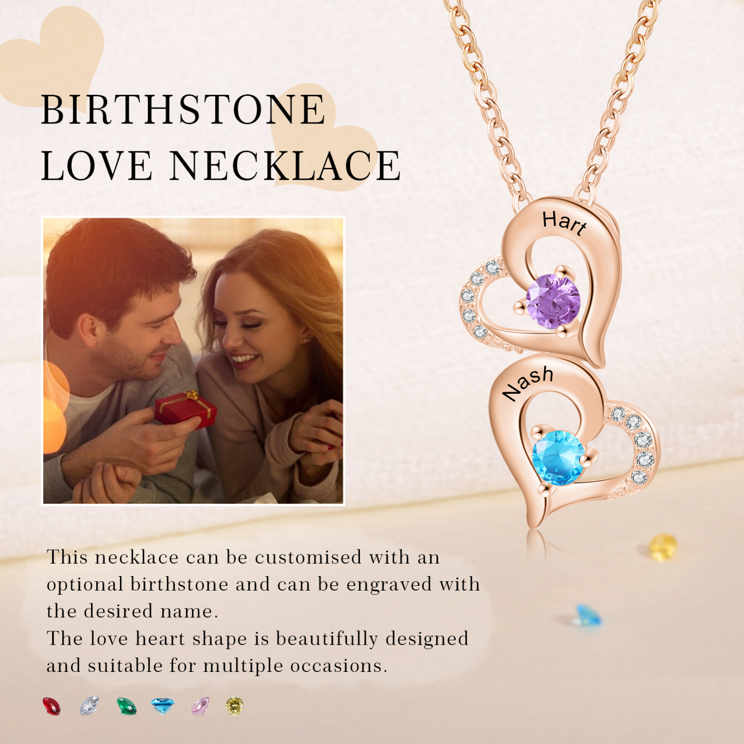 2 Names - Personalized Heart Necklace Custom Birthstone and Name Necklace Gifts for Her