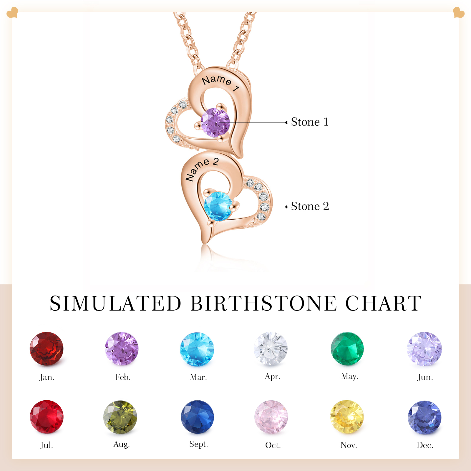 2 Names - Personalized Heart Necklace Custom Birthstone and Name Necklace Gifts for Her