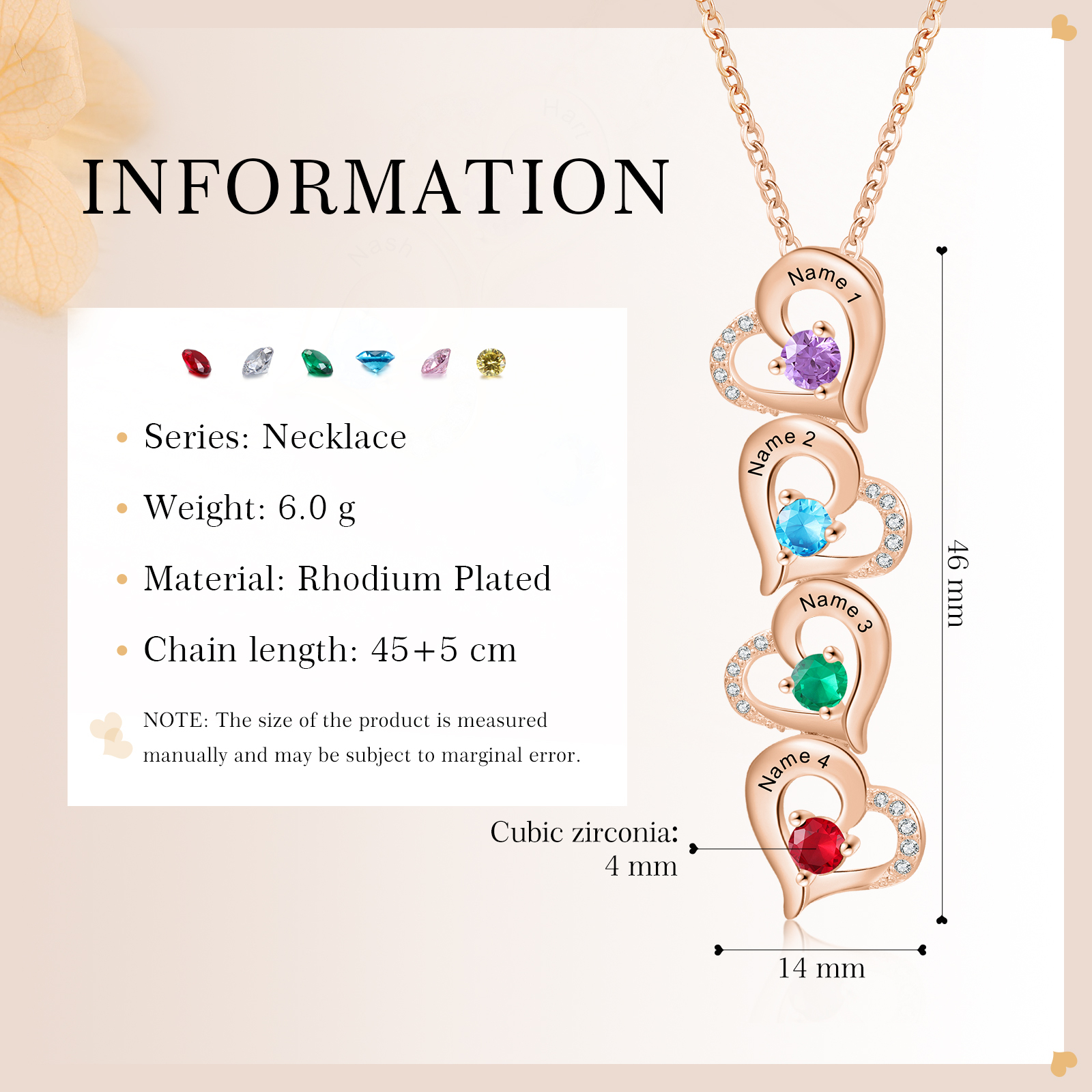 4 Names - Personalized Heart Necklace Custom Birthstone and Name Necklace Gifts for Her