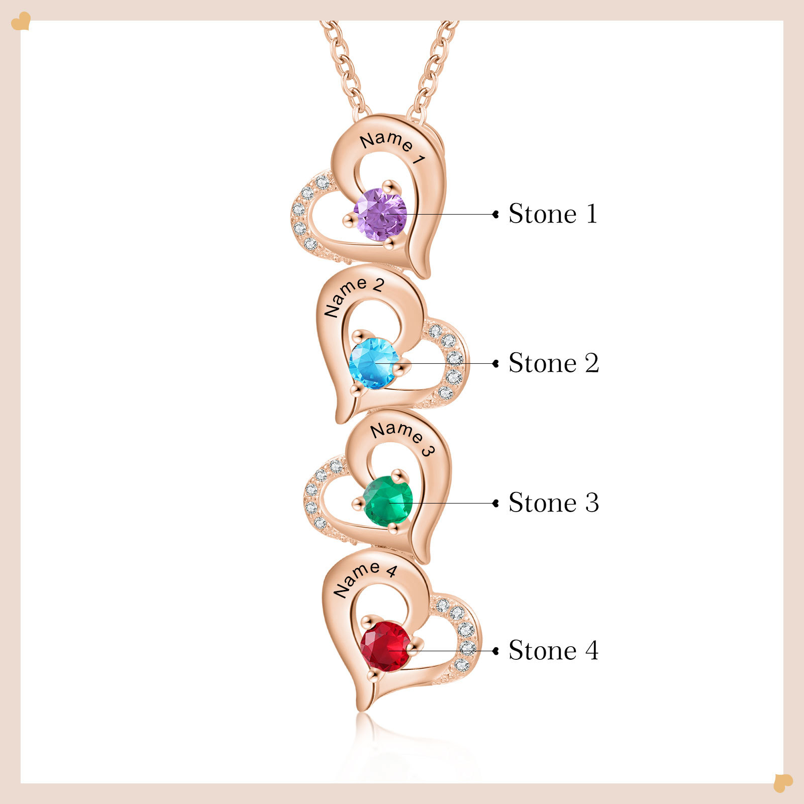 4 Names - Personalized Heart Necklace Custom Birthstone and Name Necklace Gifts for Her