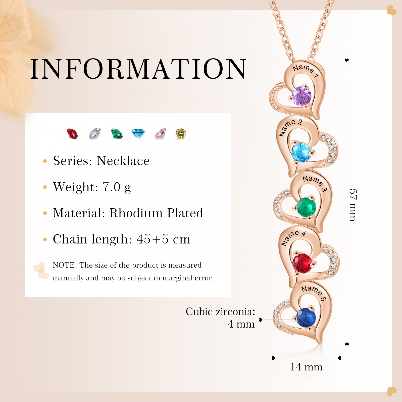 5 Names - Personalized Heart Necklace Custom Birthstone and Name Necklace Gifts for Her