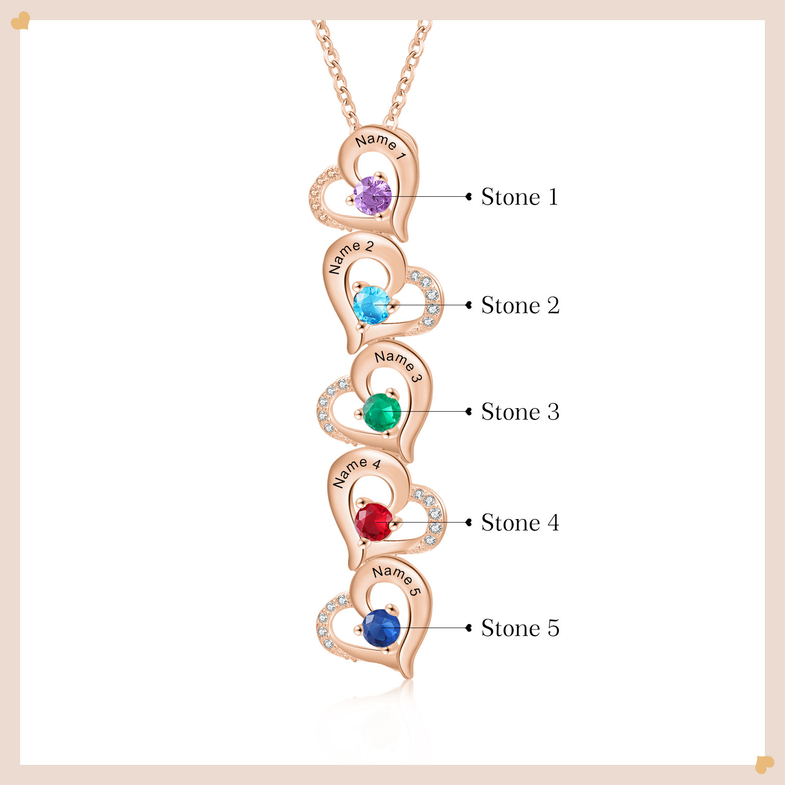 5 Names - Personalized Heart Necklace Custom Birthstone and Name Necklace Gifts for Her