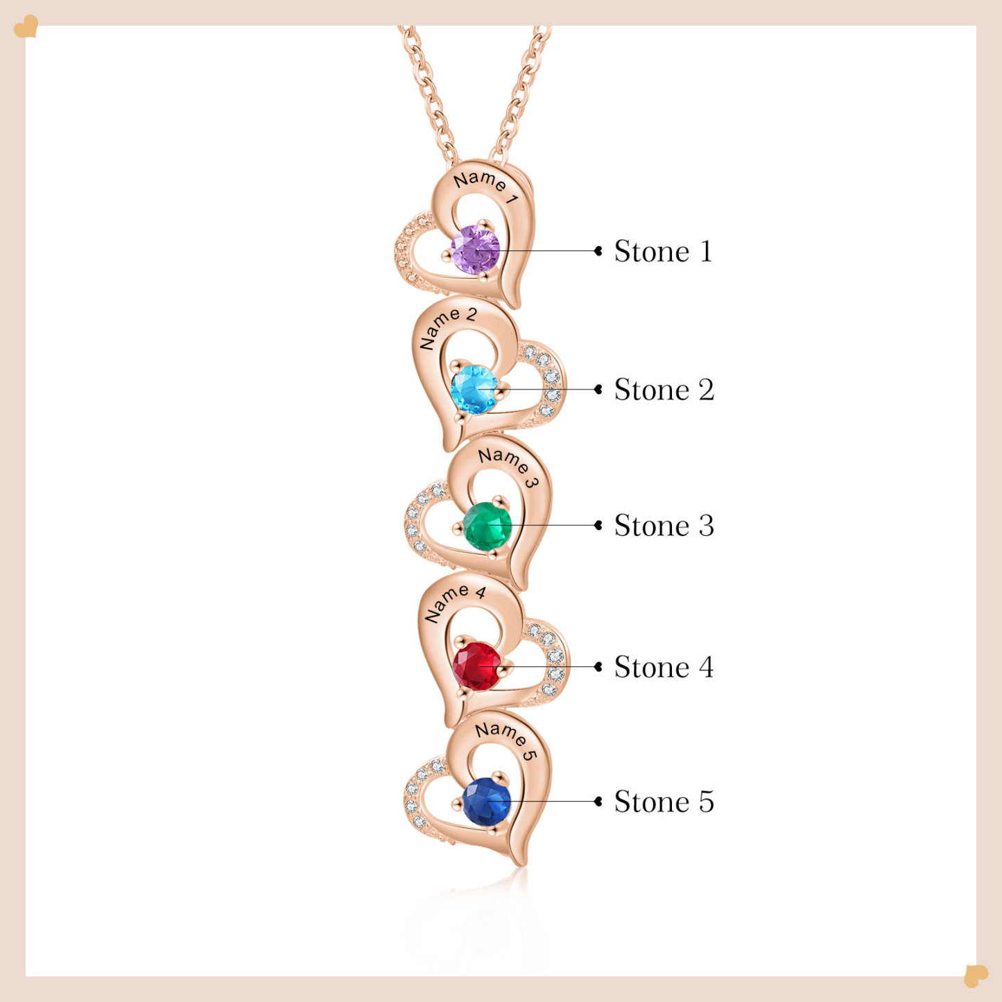 5 Names - Personalized Heart Necklace Custom Birthstone and Name Necklace Gifts for Her