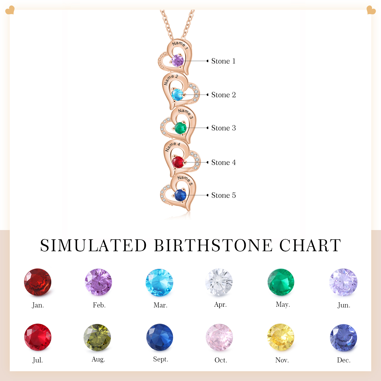 5 Names - Personalized Heart Necklace Custom Birthstone and Name Necklace Gifts for Her