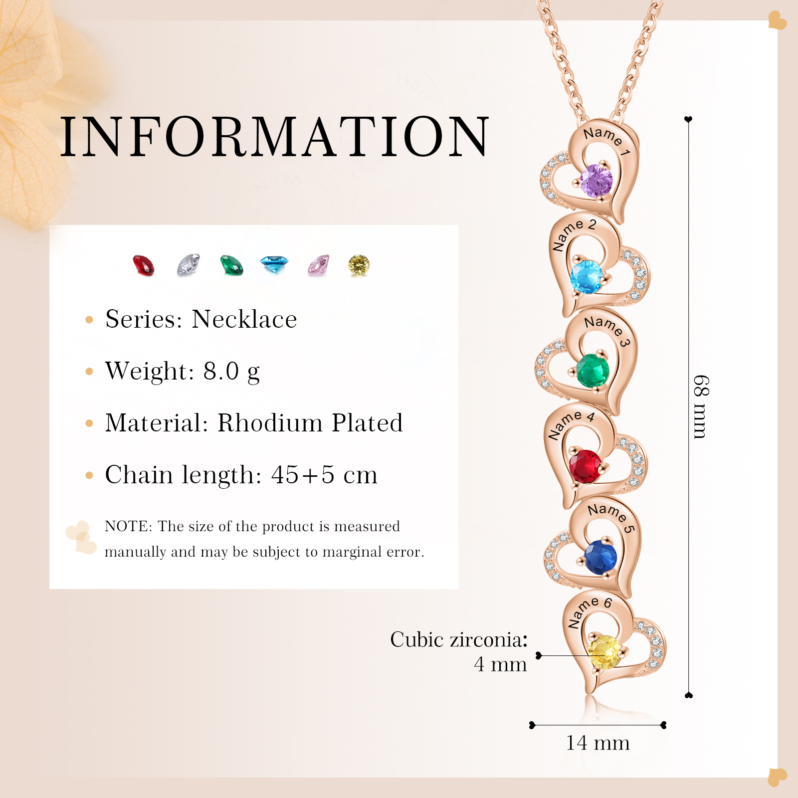 6 Names - Personalized Heart Necklace Custom Birthstone and Name Necklace Gifts for Her