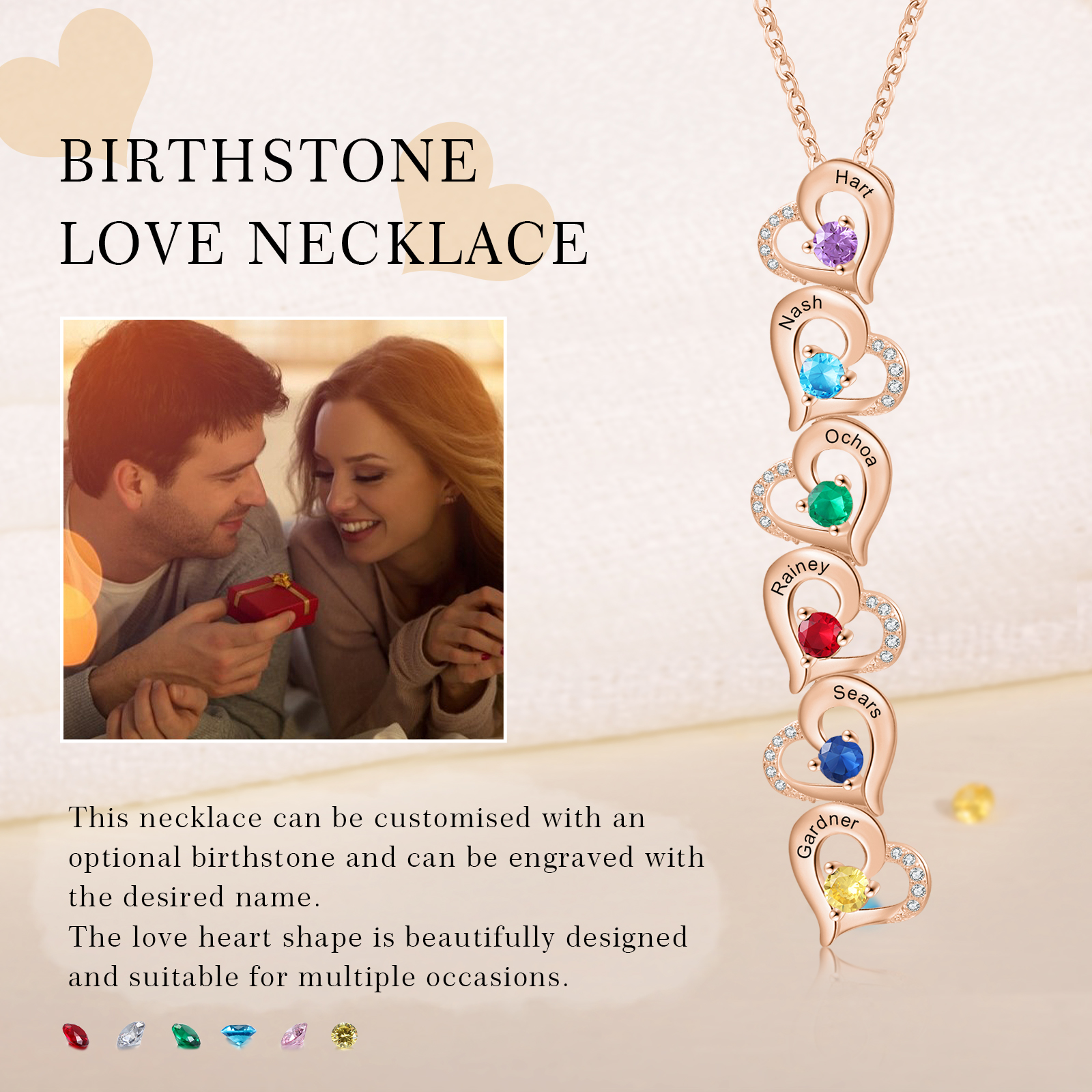 6 Names - Personalized Heart Necklace Custom Birthstone and Name Necklace Gifts for Her