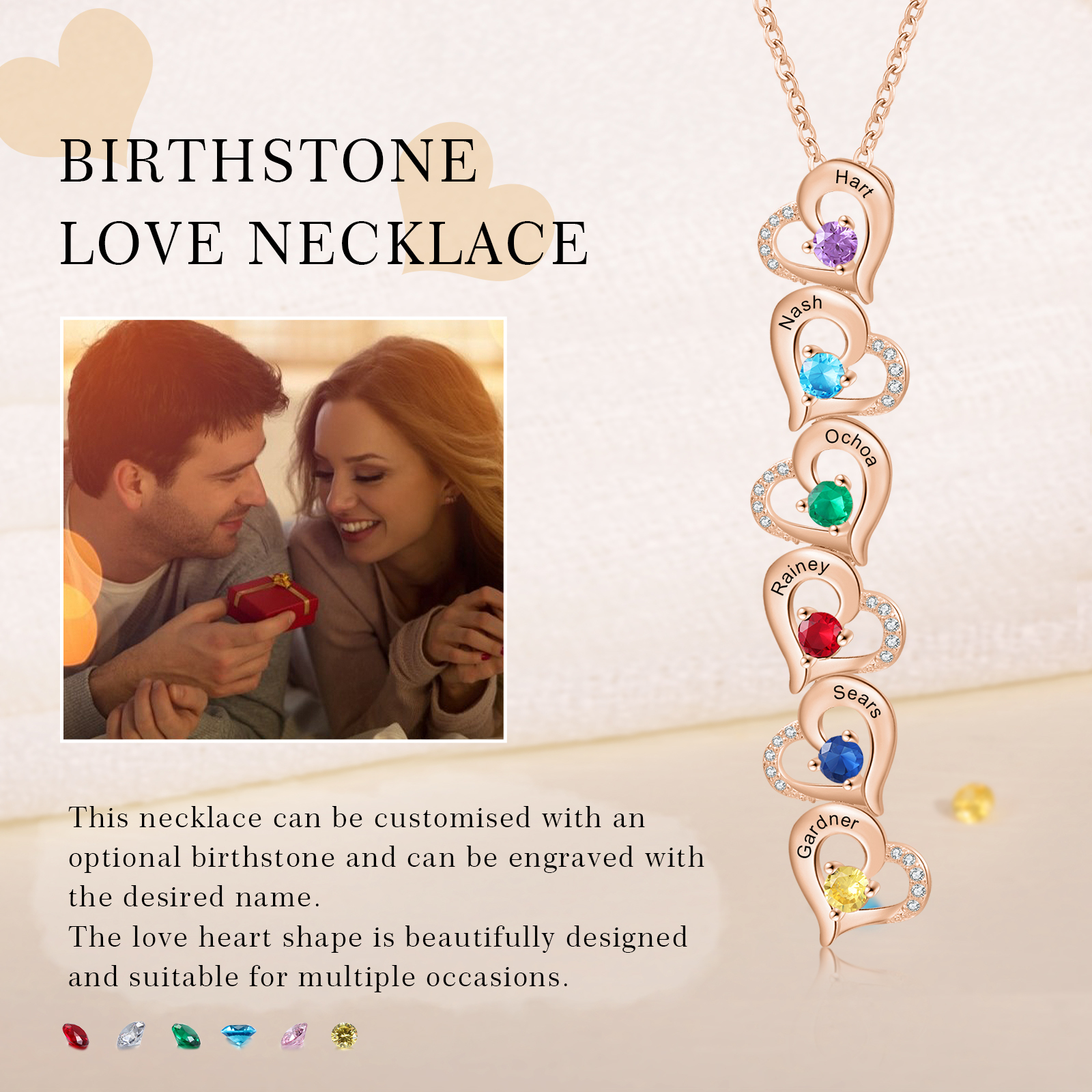 6 Names - Personalized Heart Necklace Custom Birthstone and Name Necklace Gifts for Her