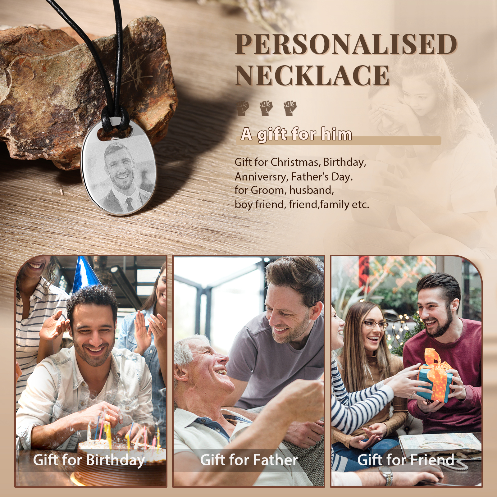 Personalised Custom Photo and Date Stainless Steel Men's Necklace Father's Day Gift for Dad