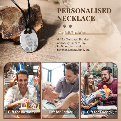 Personalised Custom Photo and Date Stainless Steel Men's Necklace Father's Day Gift for Dad