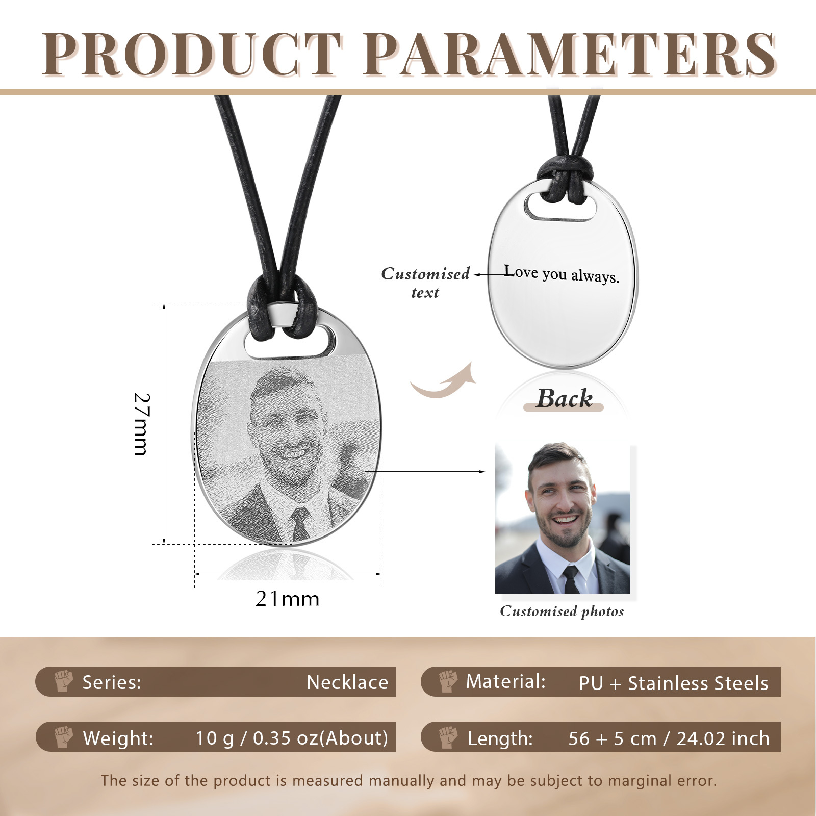 Personalised Custom Photo and Text Stainless Steel Men's Necklace Father's Day Gift for Dad