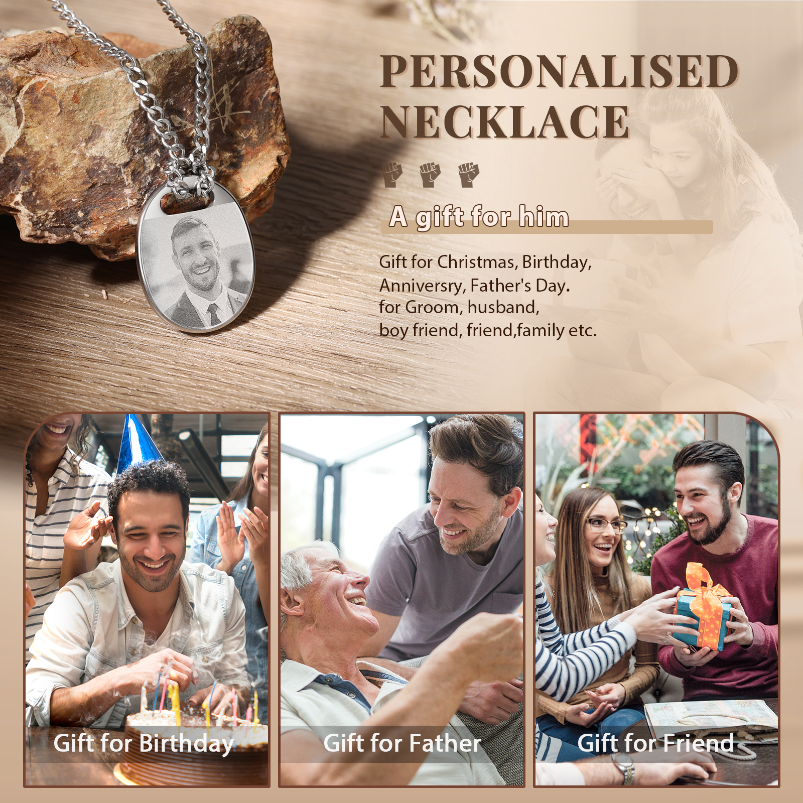 Personalised Custom Photo and Date Stainless Steel Men's Necklace Father's Day Gift for Dad