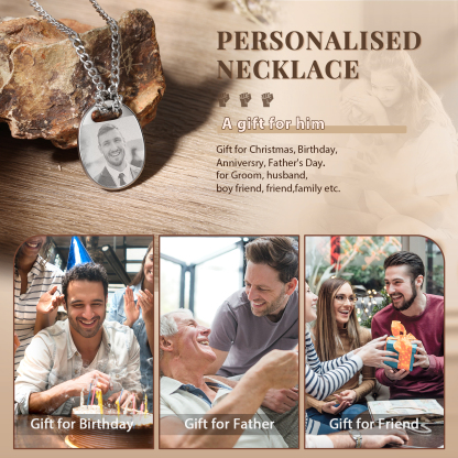 Personalised Custom Photo and Date Stainless Steel Men's Necklace Father's Day Gift for Dad