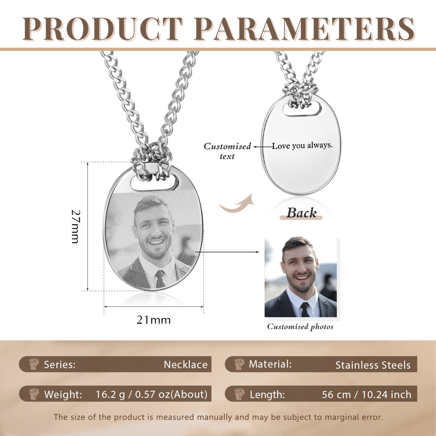 Personalised Custom Photo and Text Stainless Steel Men's Necklace Father's Day Gift for Dad