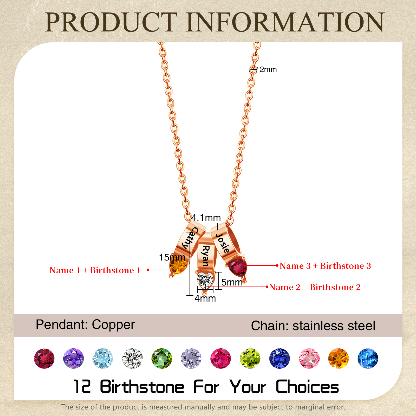 3 Names - Personalized Link Pendant Necklace with Customized Name and Birthstone Gift for Her