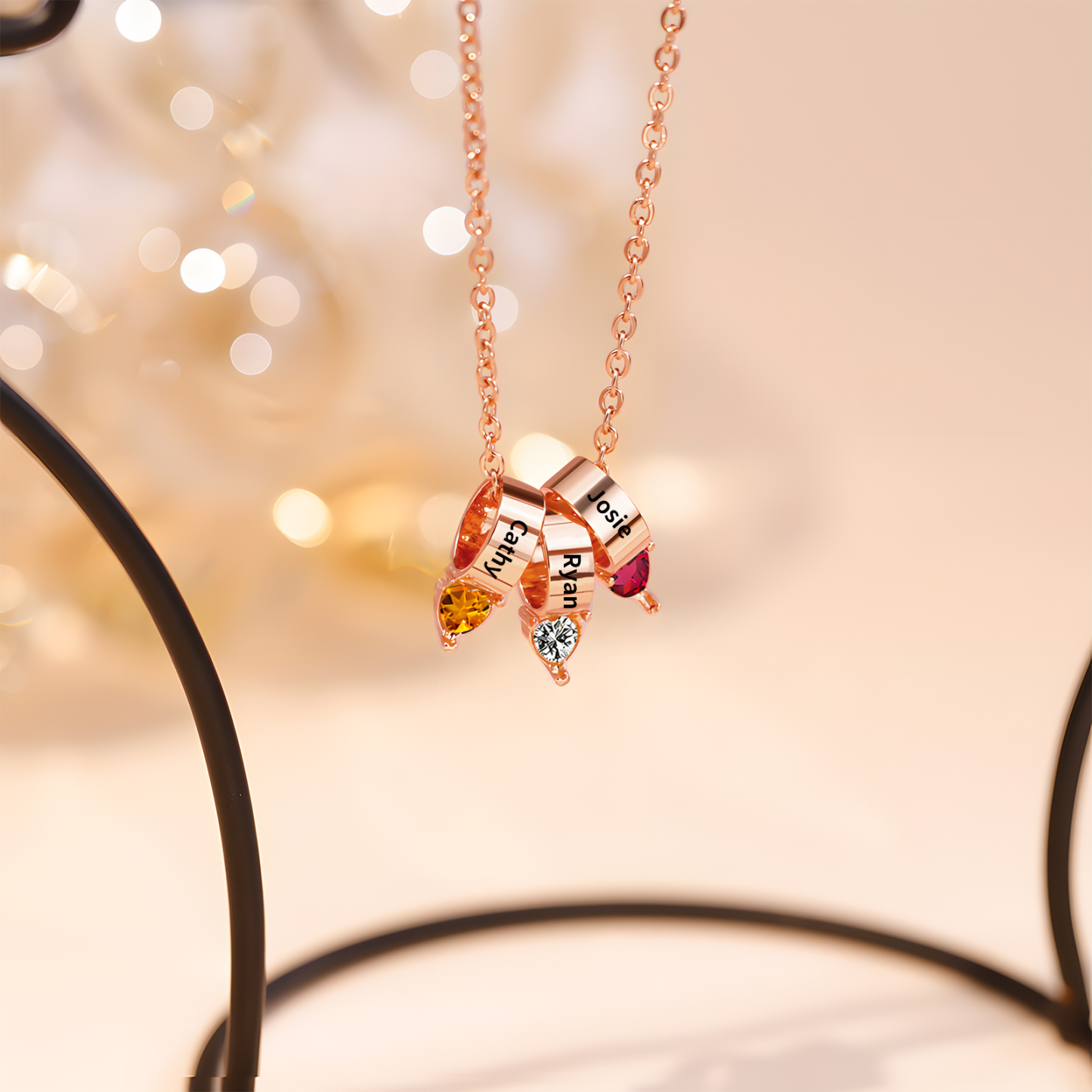 3 Names - Personalized Link Pendant Necklace with Customized Name and Birthstone Gift for Her