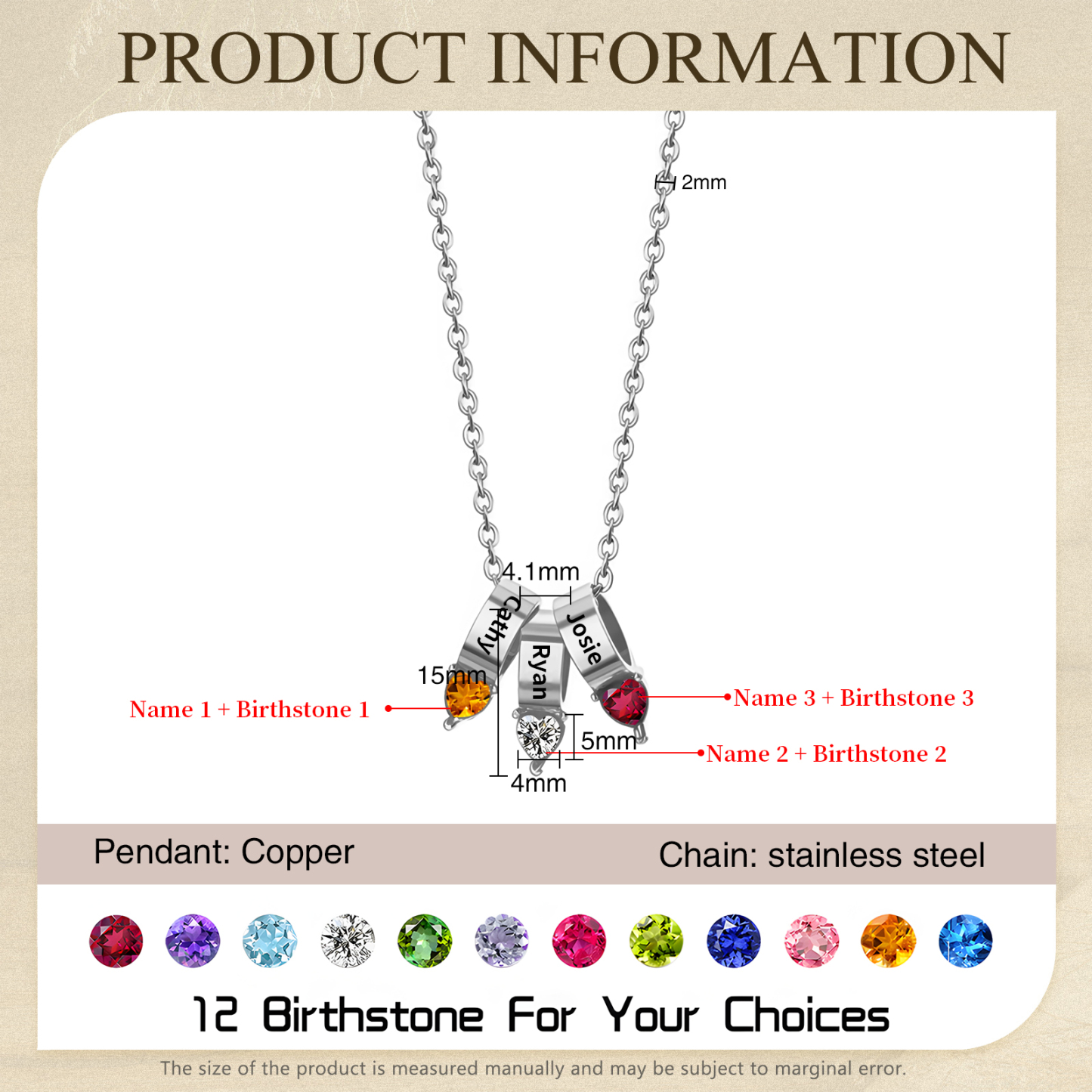3 Names - Personalized Link Pendant Necklace with Customized Name and Birthstone Gift for Her