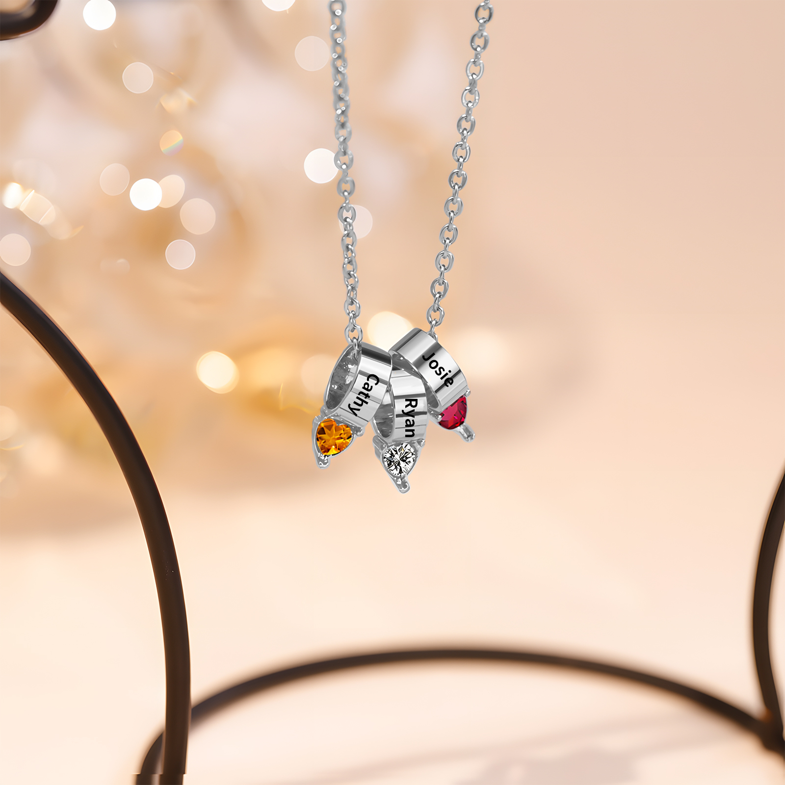 3 Names - Personalized Link Pendant Necklace with Customized Name and Birthstone Gift for Her