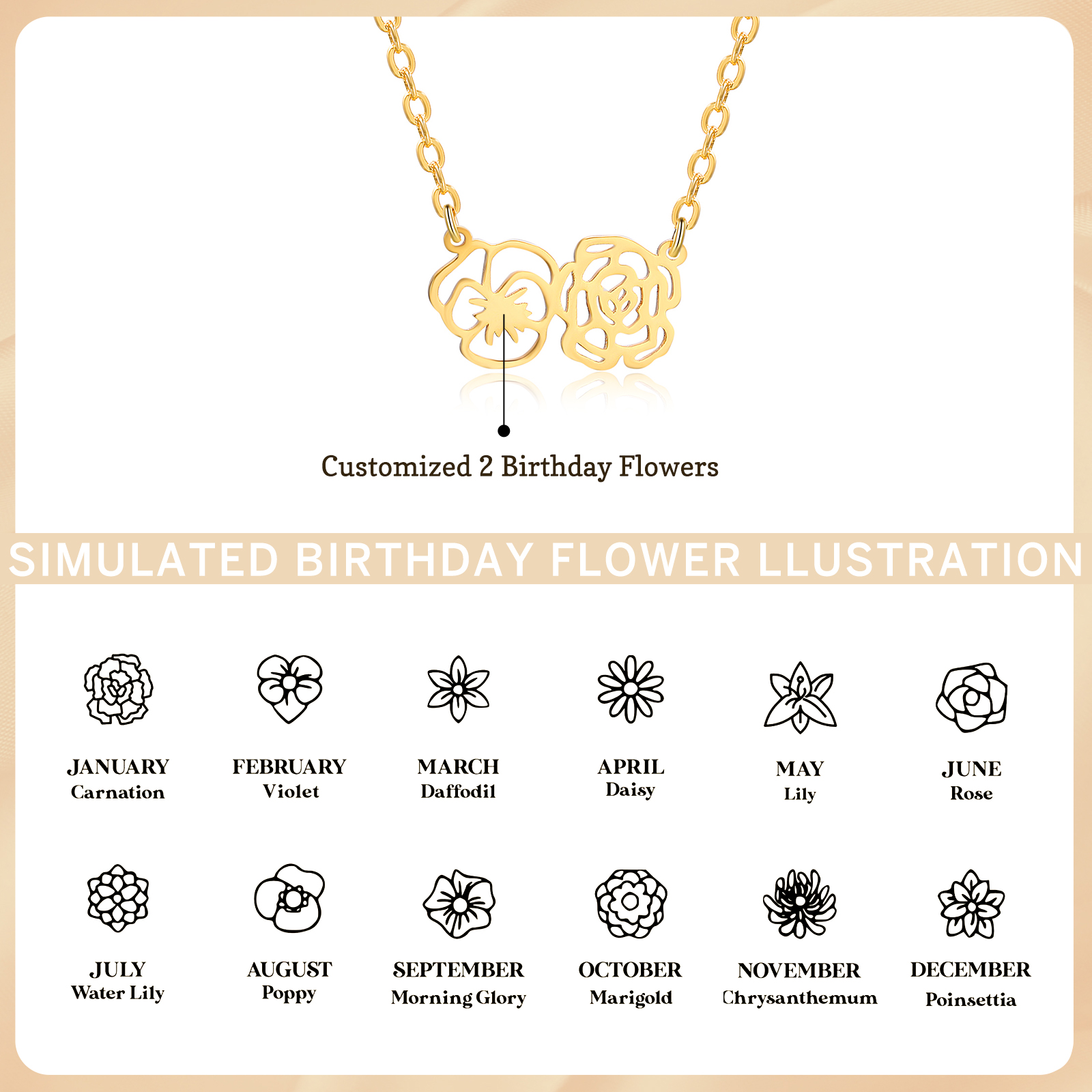 Personalized 2 Birthflowers Necklace Custom Pendant Necklace Gold Birthday Gift for Her