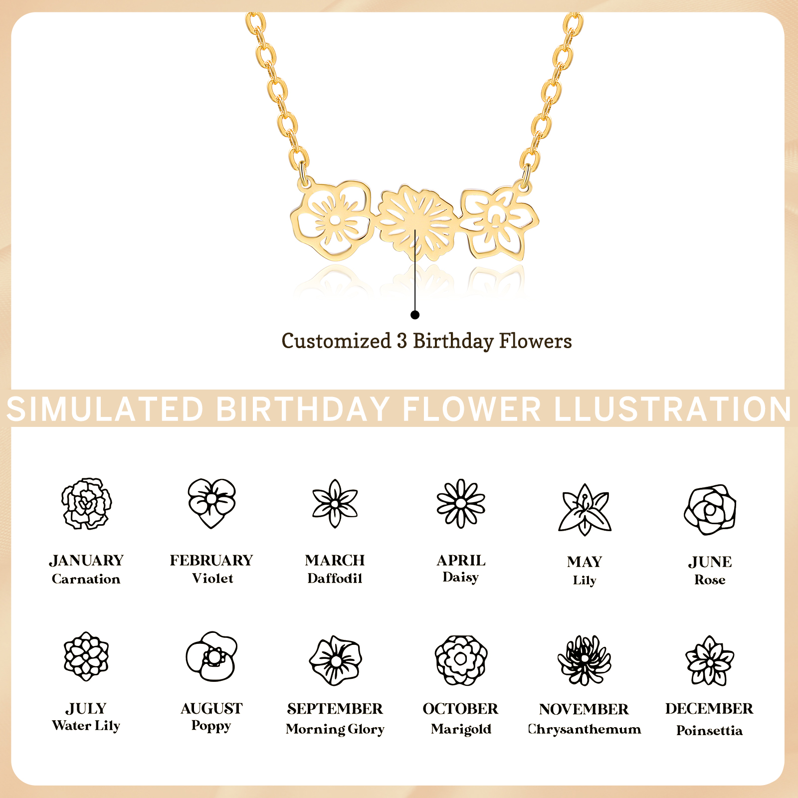 Personalized 3 Birthflowers Necklace Custom Pendant Necklace Gold Birthday Gift for Her