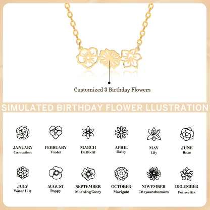 Personalized 3 Birthflowers Necklace Custom Pendant Necklace Gold Birthday Gift for Her