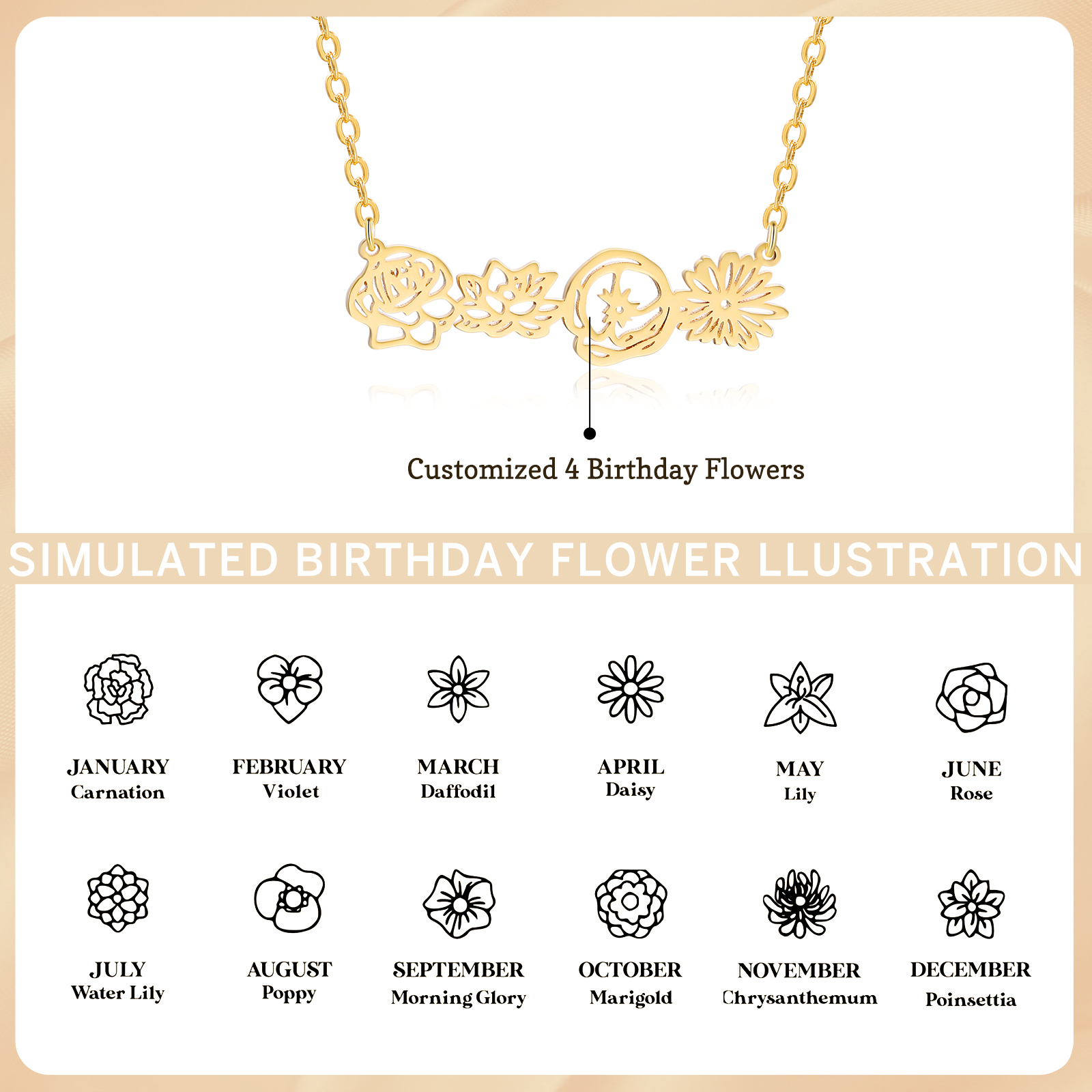 Personalized 4 Birthflowers Necklace Custom Pendant Necklace Gold Birthday Gift for Her