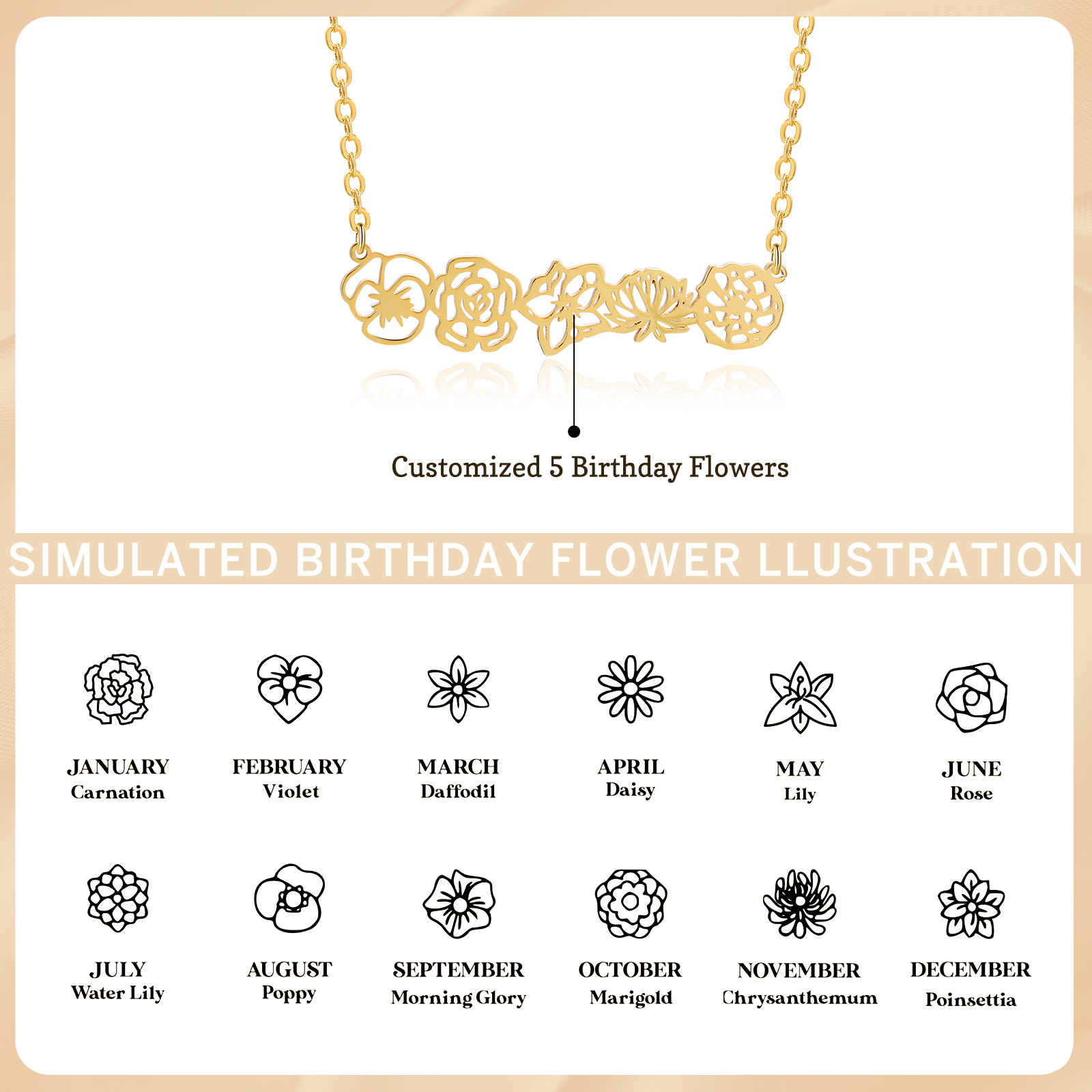 Personalized 5 Birthflowers Necklace Custom Pendant Necklace Gold Birthday Gift for Her