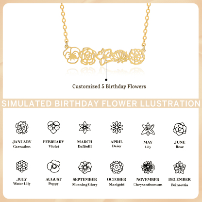 Personalized 5 Birthflowers Necklace Custom Pendant Necklace Gold Birthday Gift for Her