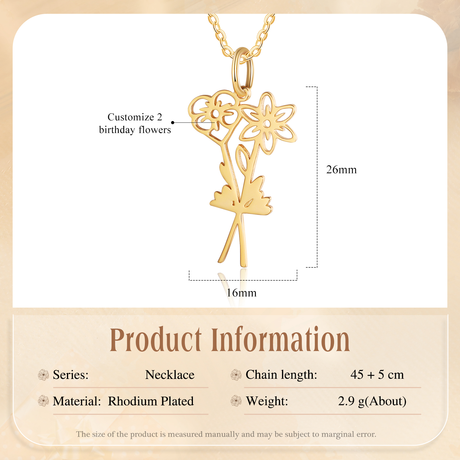 Personalized 2 Birthday Flower Necklace Custom Pendant Necklace Gold Birthday Gift for Her