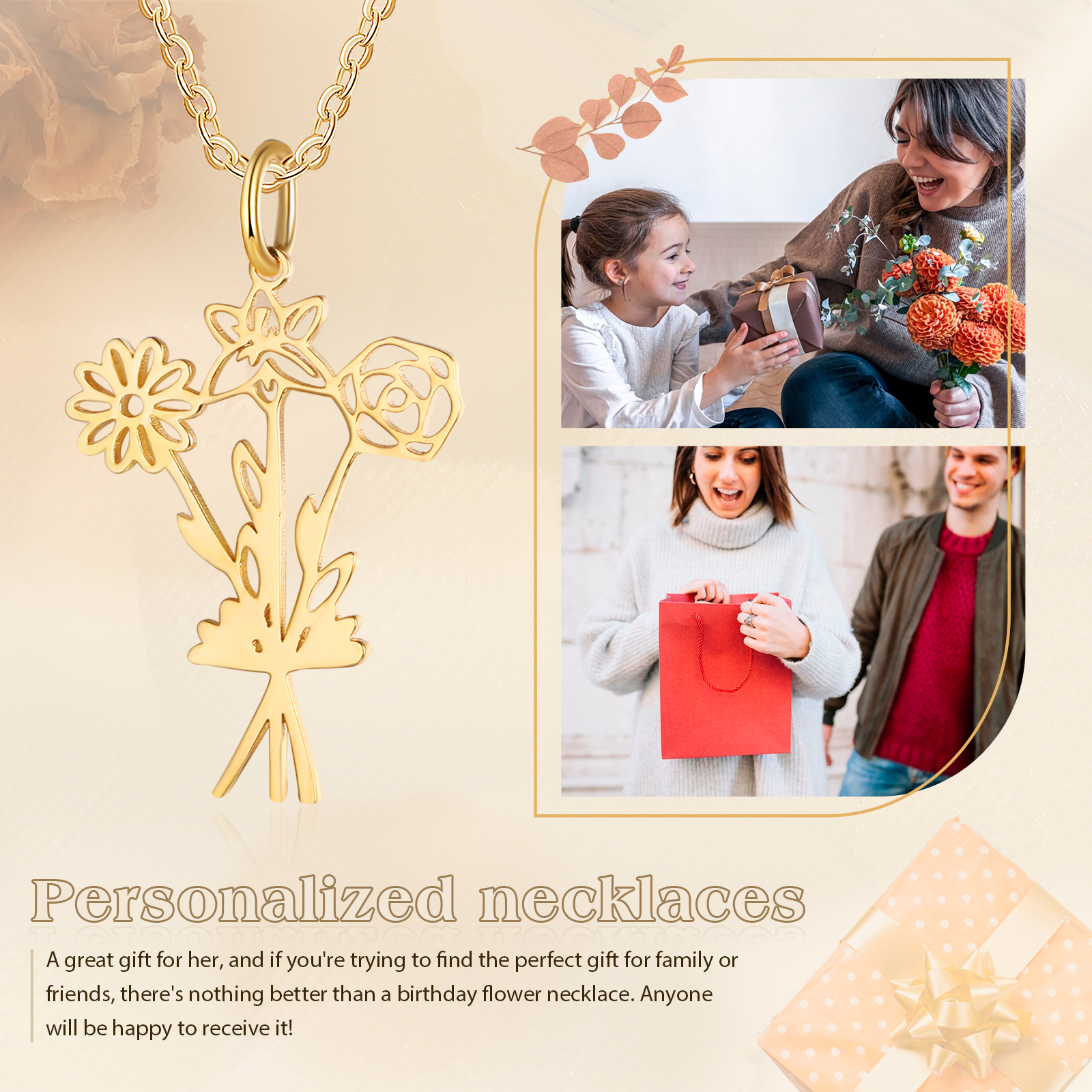 Personalized 3 Birthday Flower Necklace Custom Pendant Necklace Gold Birthday Gift for Her