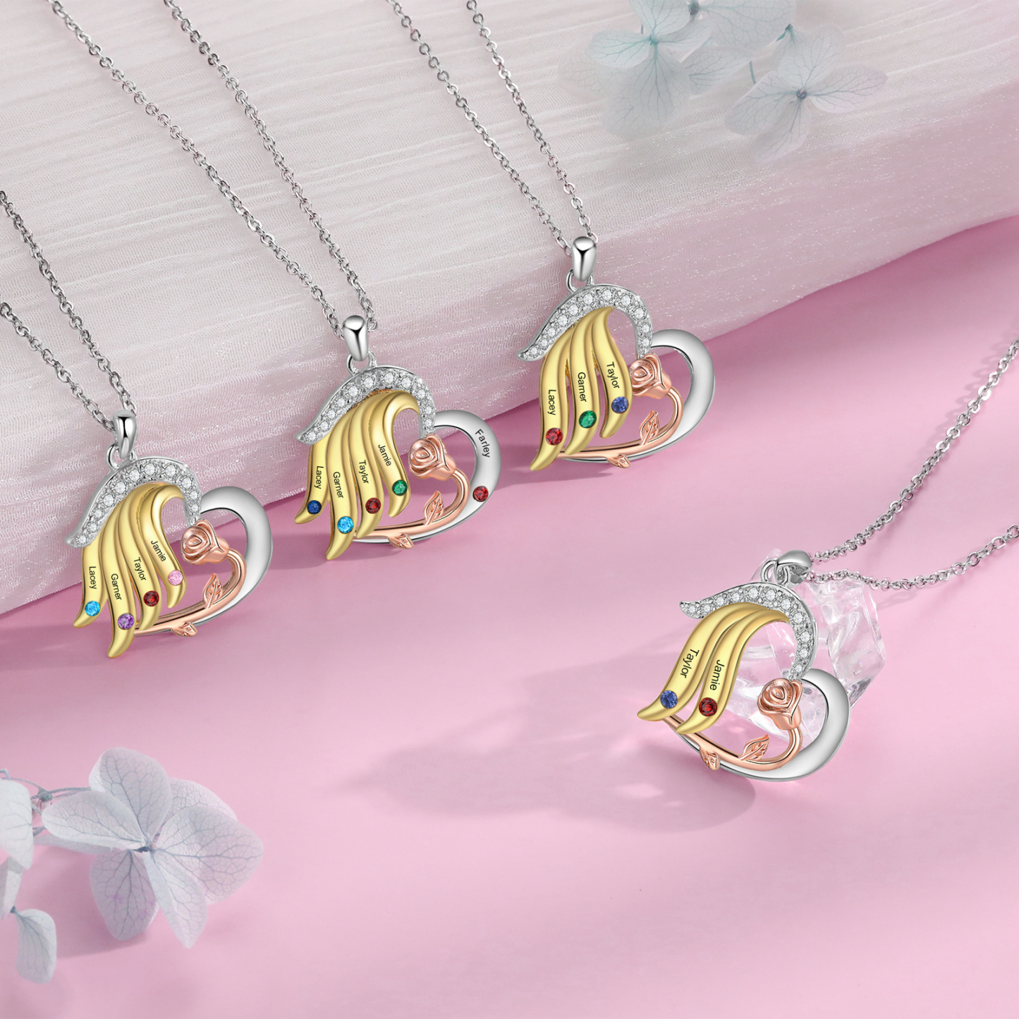 Personalised Rose Heart Necklace Customized With 3 Names and 3 Birthstones Women's Necklace Gift for Nan | Jessmade
