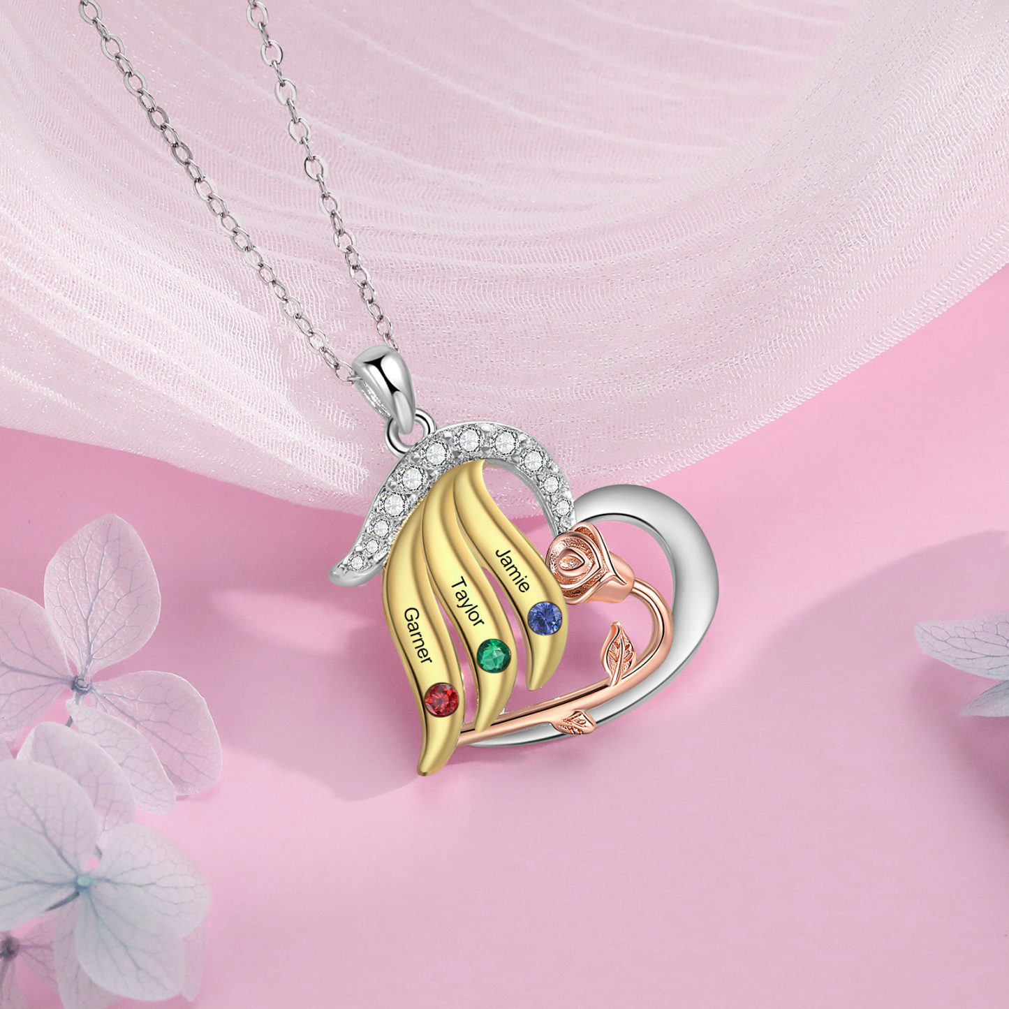 Personalised Rose Heart Necklace Customized With 3 Names and 3 Birthstones Women's Necklace Gift for Nan | Jessmade