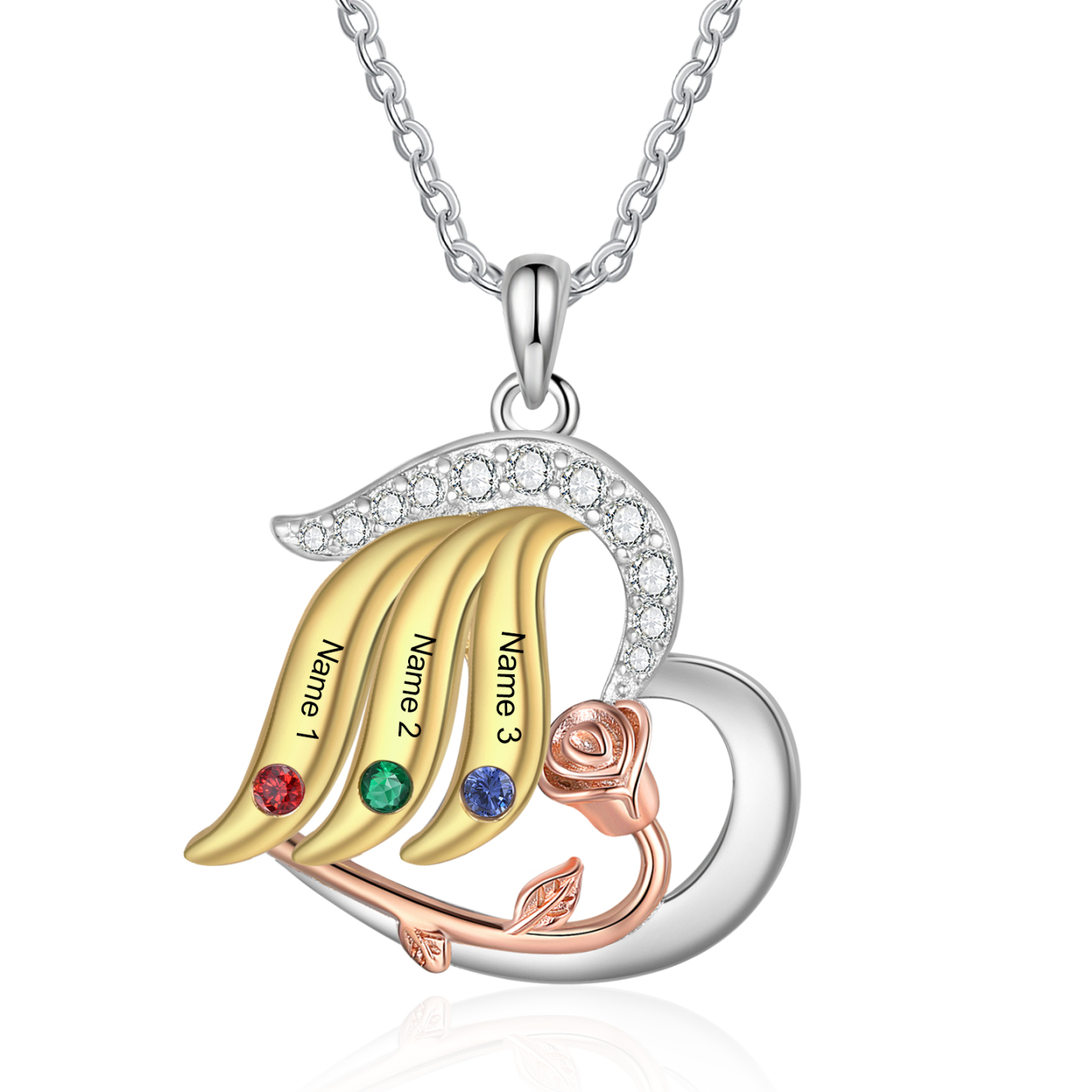 Personalised Rose Heart Necklace Customized With 3 Names and 3 Birthst