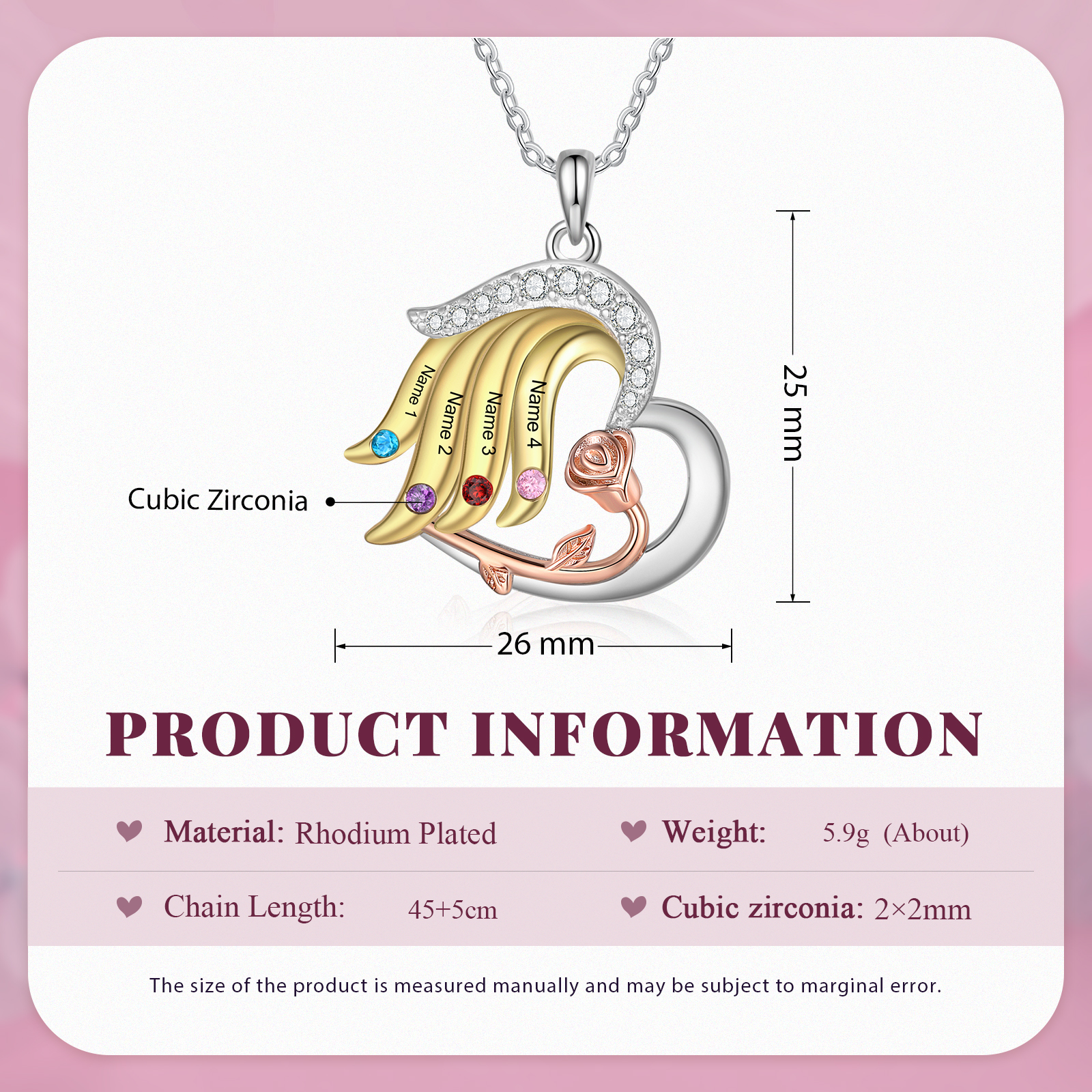 Personalised Rose Heart Necklace Customized With 4 Names and 4 Birthstones Women's Necklace Gift for Nan | Jessmade