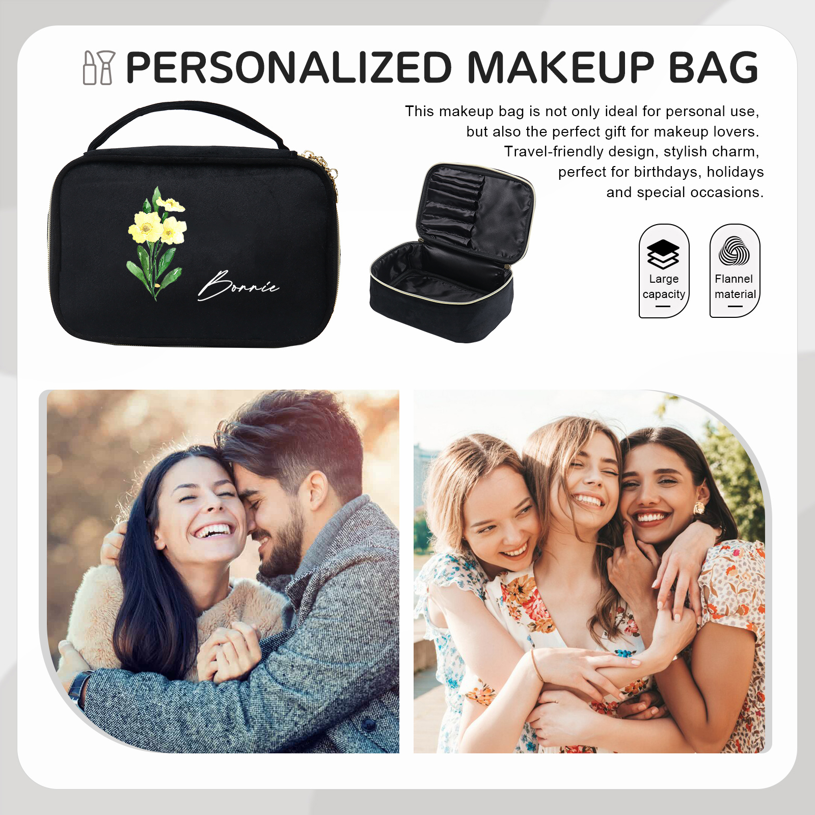 Custom Name and Birthflower Flannel Personalised Travel Cosmetic Makeup Bag - Bridesmaid Wedding Gift for Ladies