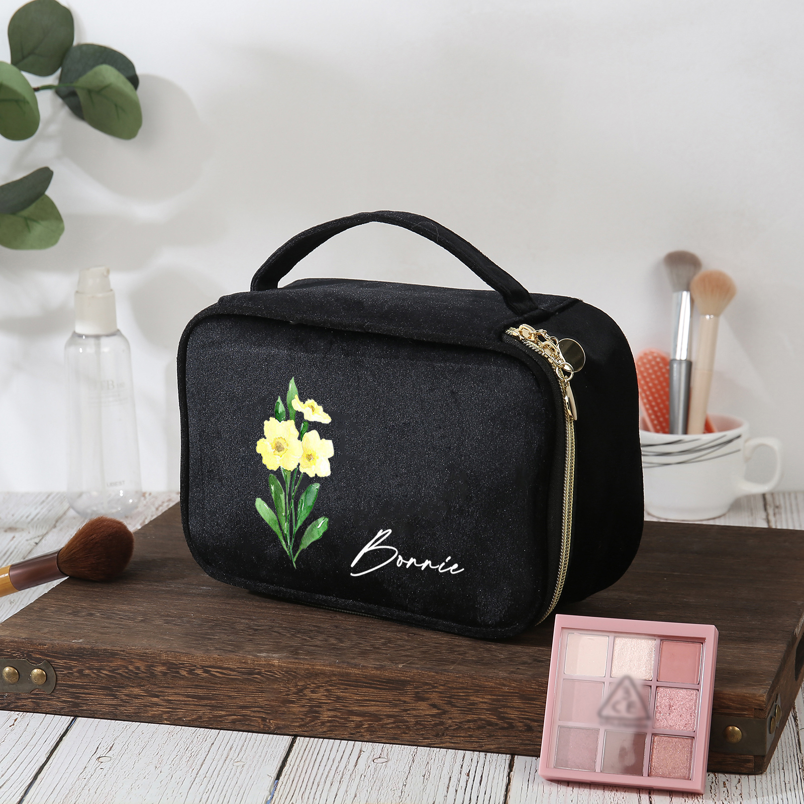 Custom Name and Birthflower Flannel Personalised Travel Cosmetic Makeup Bag - Bridesmaid Wedding Gift for Ladies