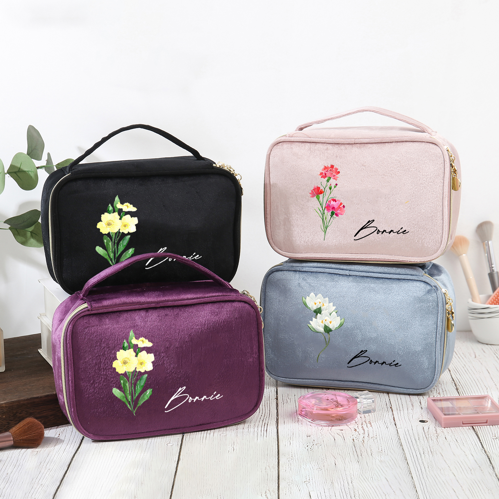 Custom Name and Birthflower Flannel Personalised Travel Cosmetic Makeup Bag - Bridesmaid Wedding Gift for Ladies