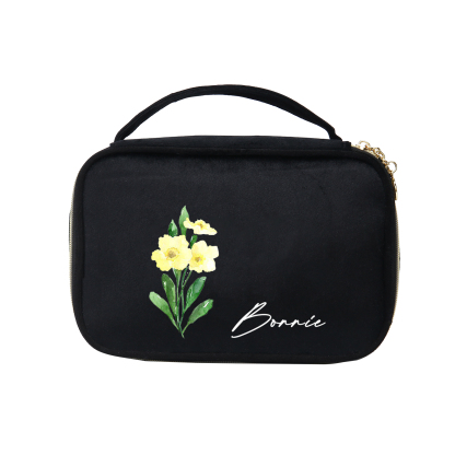 Custom Name and Birthflower Flannel Personalised Travel Cosmetic Makeup Bag - Bridesmaid Wedding Gift for Ladies