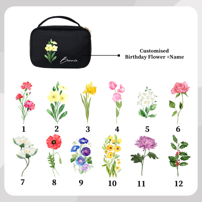 Custom Name and Birthflower Flannel Personalised Travel Cosmetic Makeup Bag - Bridesmaid Wedding Gift for Ladies