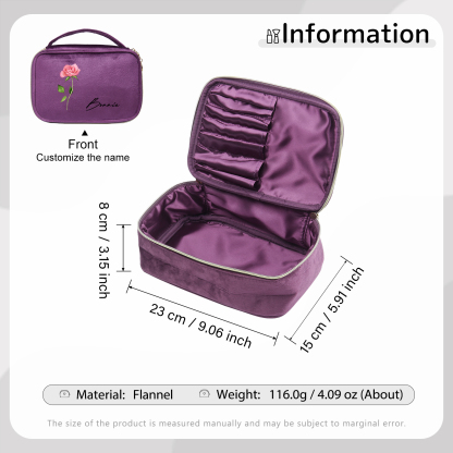 Custom Name and Birthflower Flannel Personalised Travel Cosmetic Makeup Bag - Bridesmaid Wedding Gift for Ladies