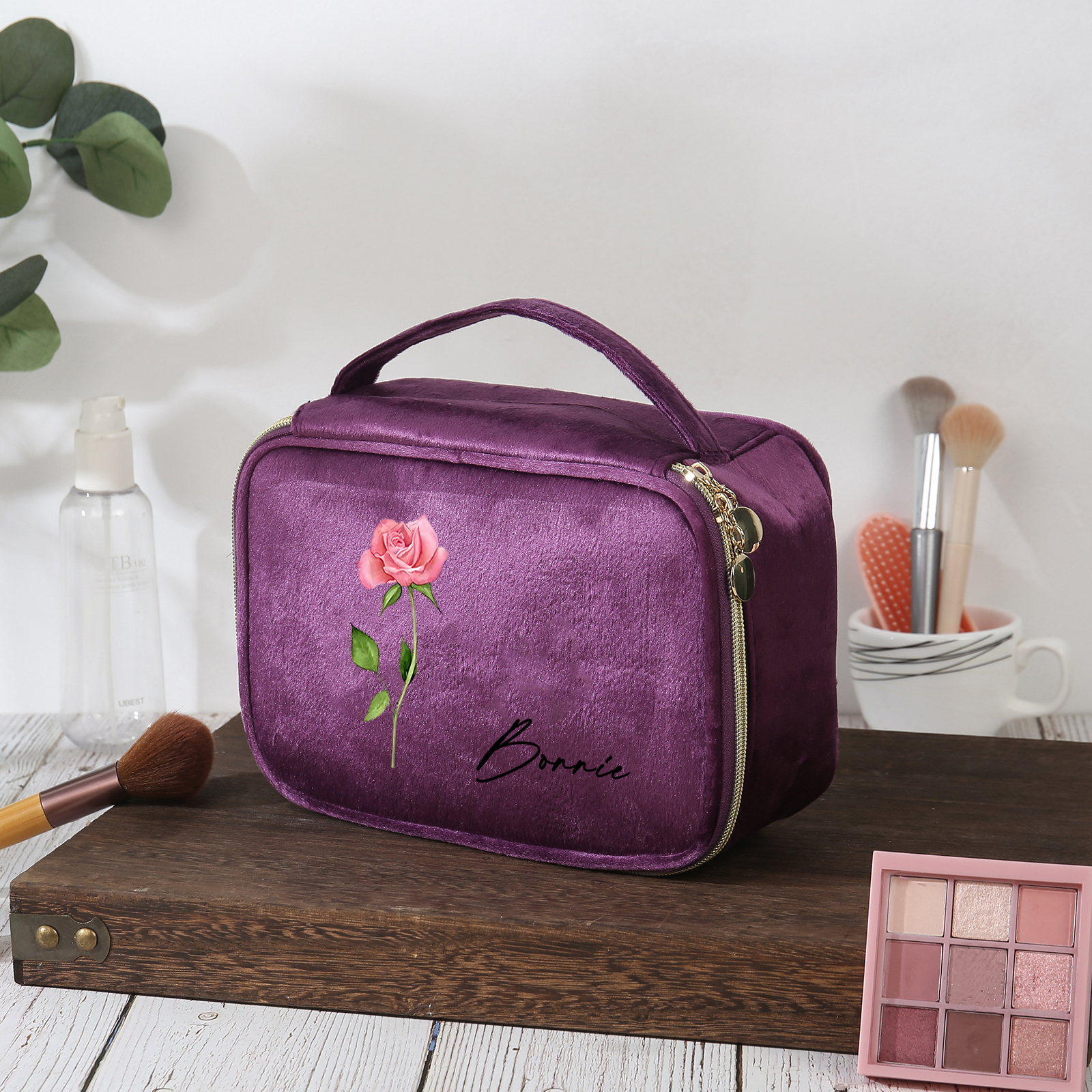 Custom Name and Birthflower Flannel Personalised Travel Cosmetic Makeup Bag - Bridesmaid Wedding Gift for Ladies