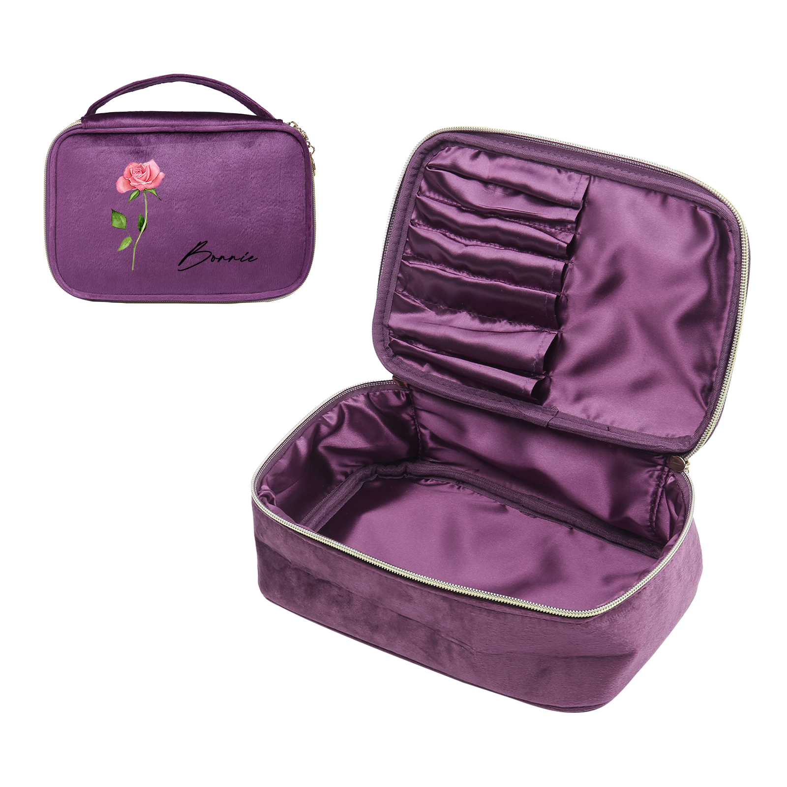 Custom Name and Birthflower Flannel Personalised Travel Cosmetic Makeup Bag - Bridesmaid Wedding Gift for Ladies