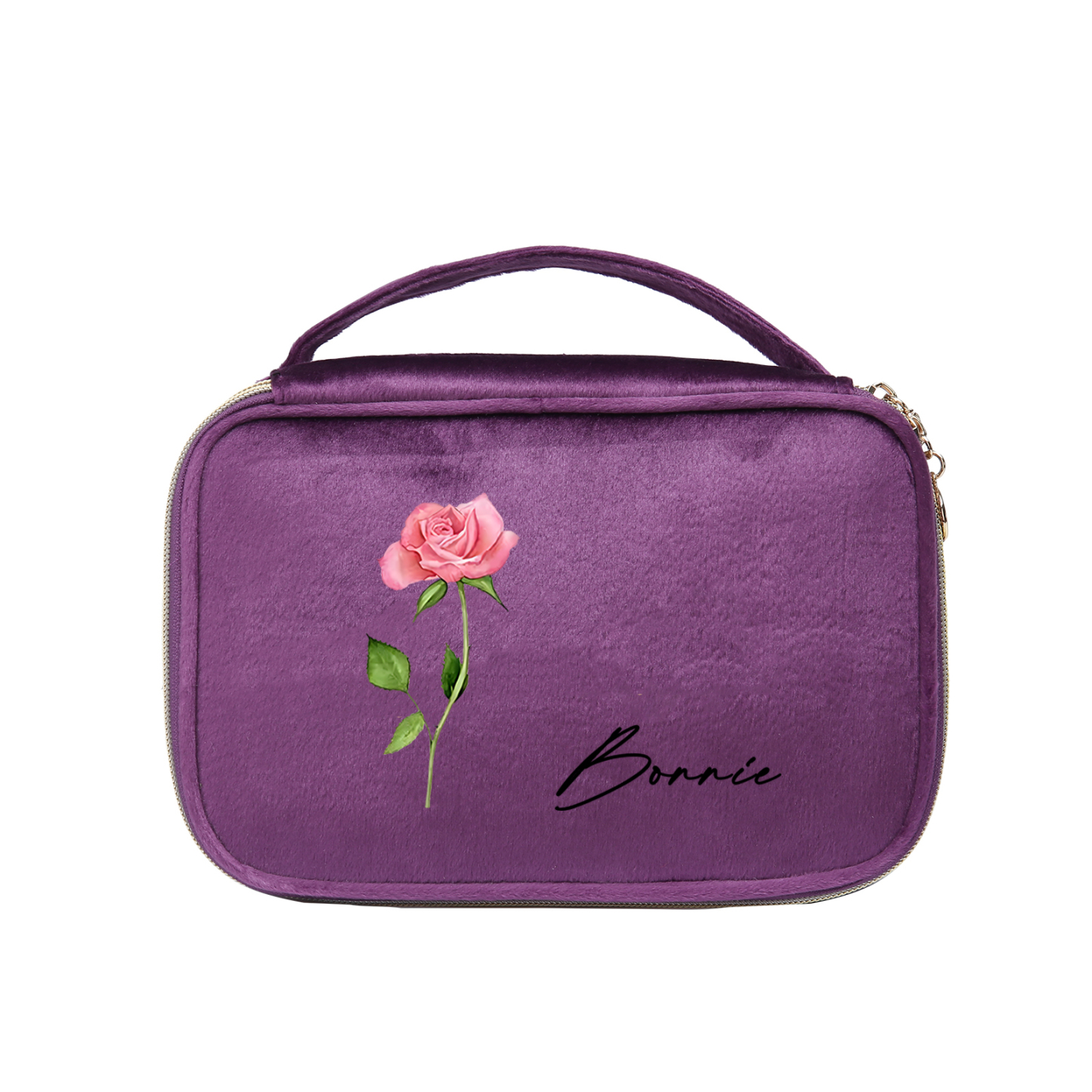 Custom Name and Birthflower Flannel Personalised Travel Cosmetic Makeup Bag - Bridesmaid Wedding Gift for Ladies