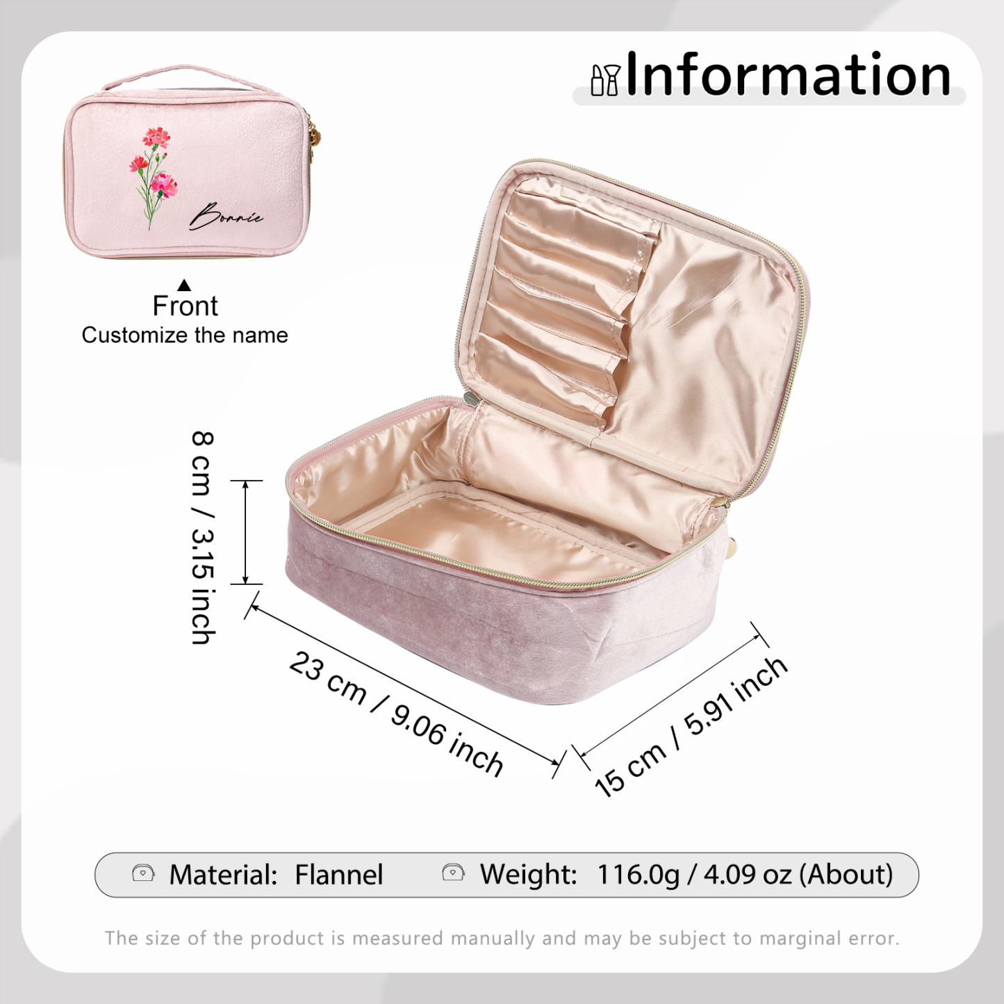 Custom Name and Birthflower Flannel Personalised Travel Cosmetic Makeup Bag - Bridesmaid Wedding Gift for Ladies