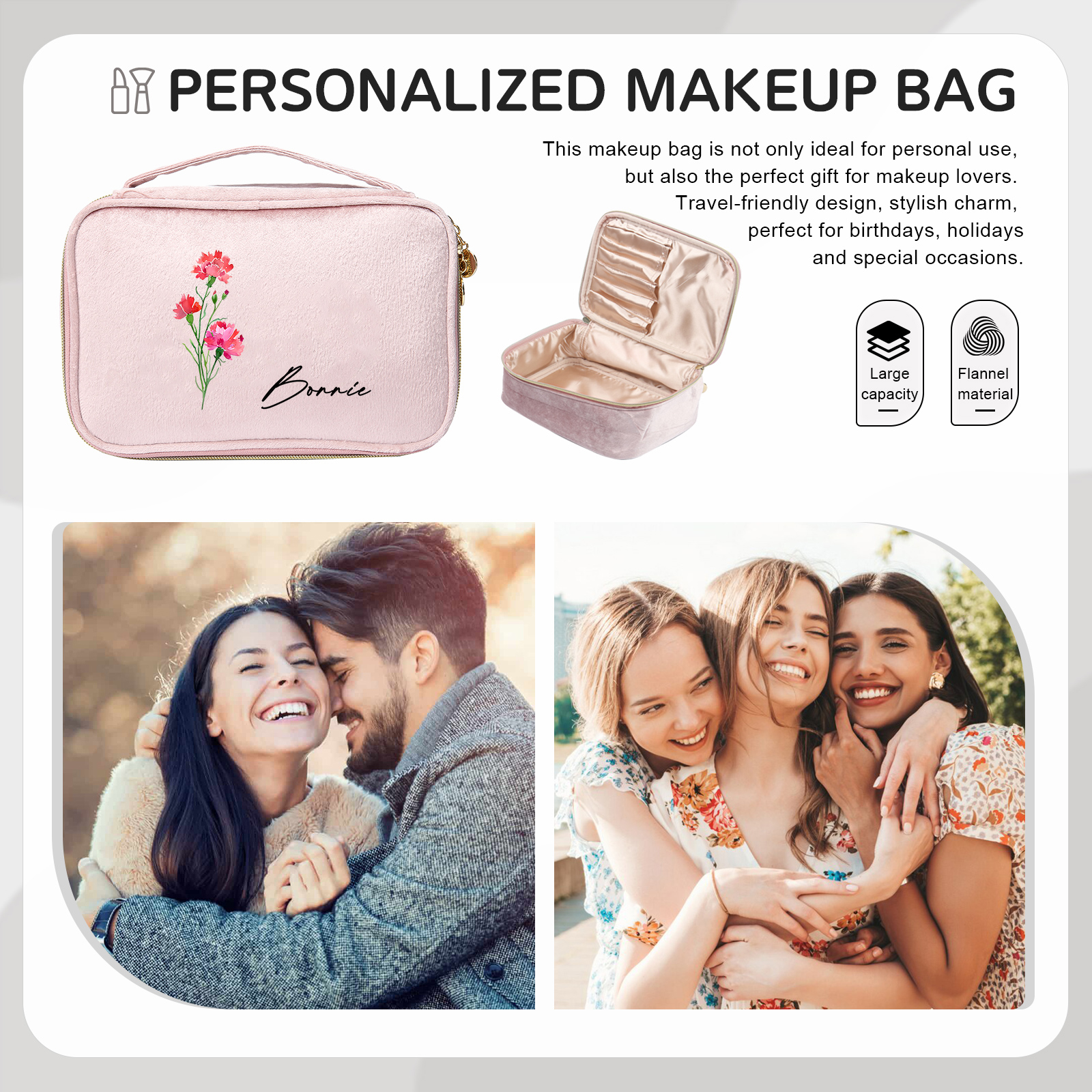 Custom Name and Birthflower Flannel Personalised Travel Cosmetic Makeup Bag - Bridesmaid Wedding Gift for Ladies
